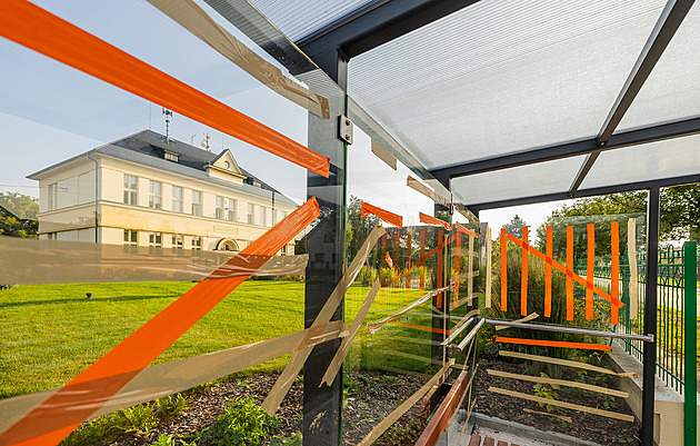 Naprostý zabiják ptáků, zbyly jen fleky, říká aktivista. Zastávky v Hradci polepil páskou