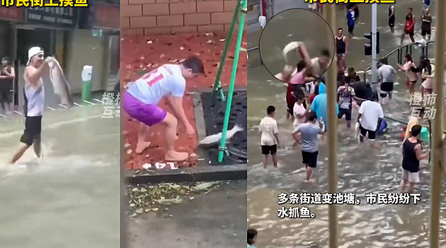 VIDEO: Tajfun jako neštěstí? Jak pro koho. V Macau vesele lovili přímo v ulicích ryby